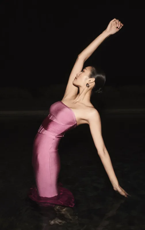 DRAPED STRAPLESS FRINGE MIDI DRESS sold by Herve Leger