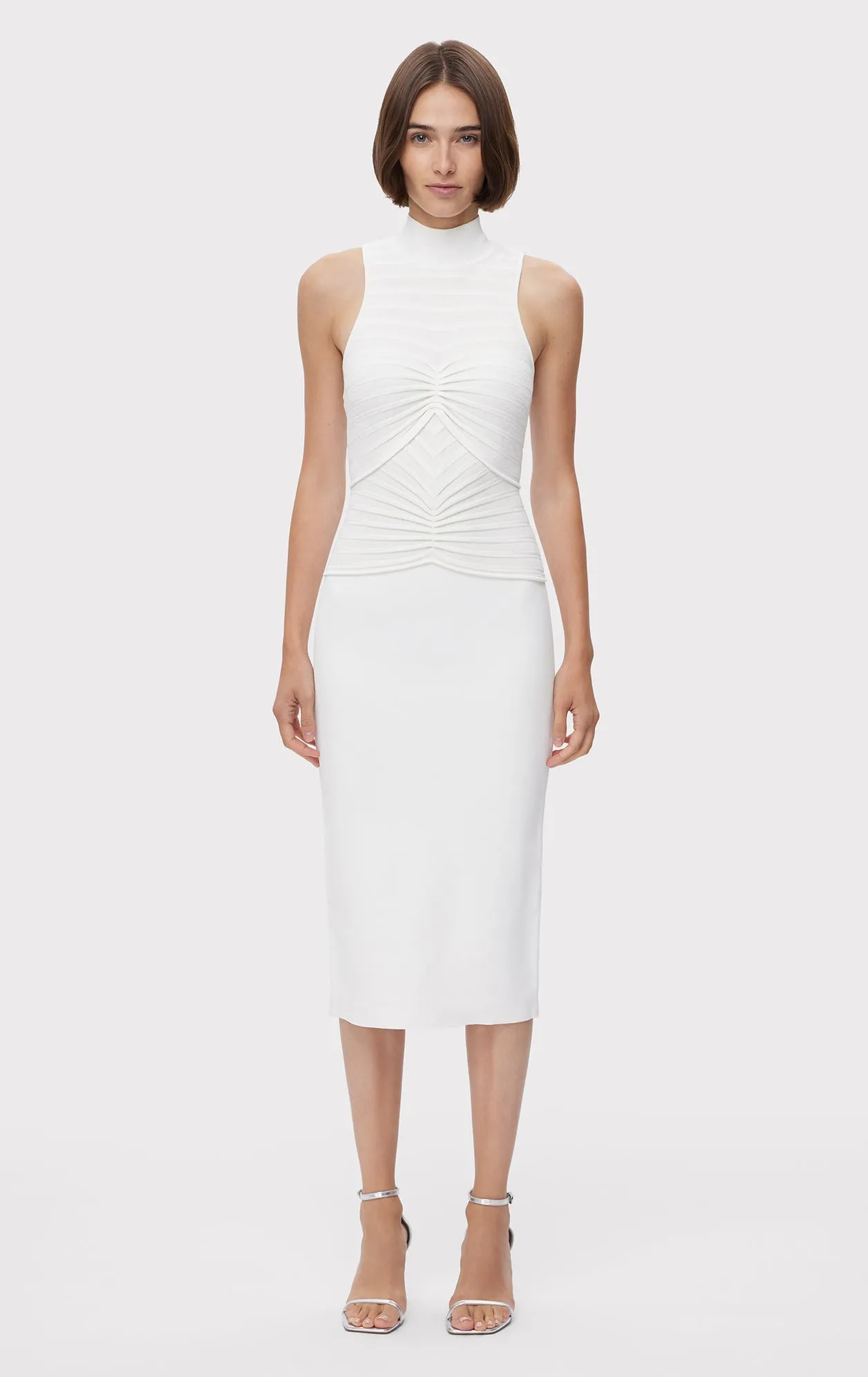 GATHERED CHENILLE STRIPE S/L MIDI DRESS sold by Herve Leger