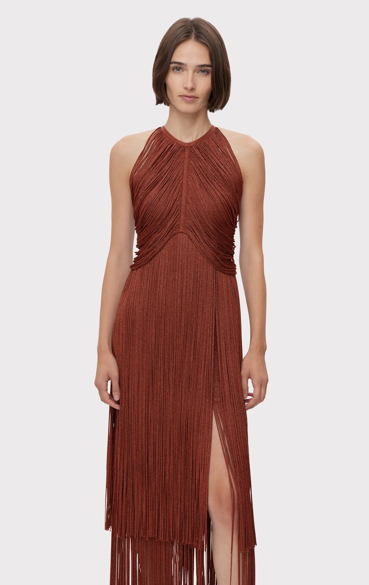 METALLIC DRAPED FRINGE HALTER GOWN sold by Herve Leger product image thumbnail 4