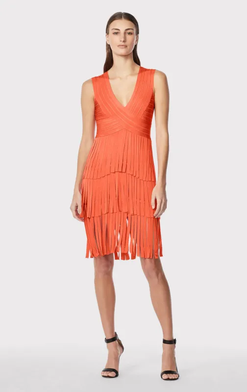 V NECK FRINGED MIDI DRESS made by Herve Leger