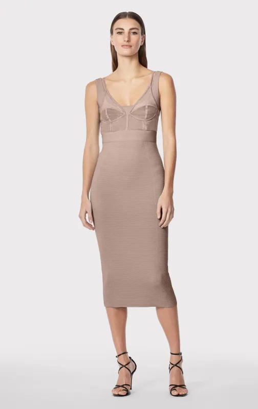SHEER LAYERED BUSTIER MIDI DRESS sold by Herve Leger