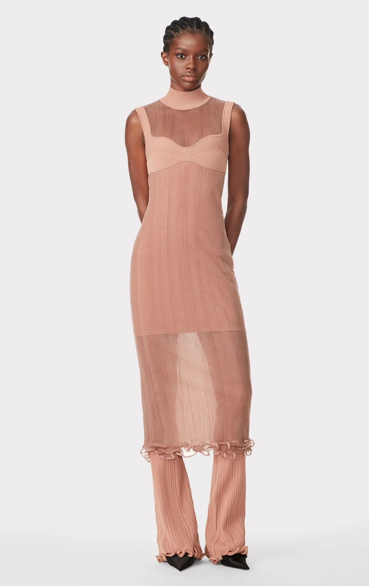 SHEER LAYERED MIDI DRESS W/ RUFFLE sold by Herve Leger