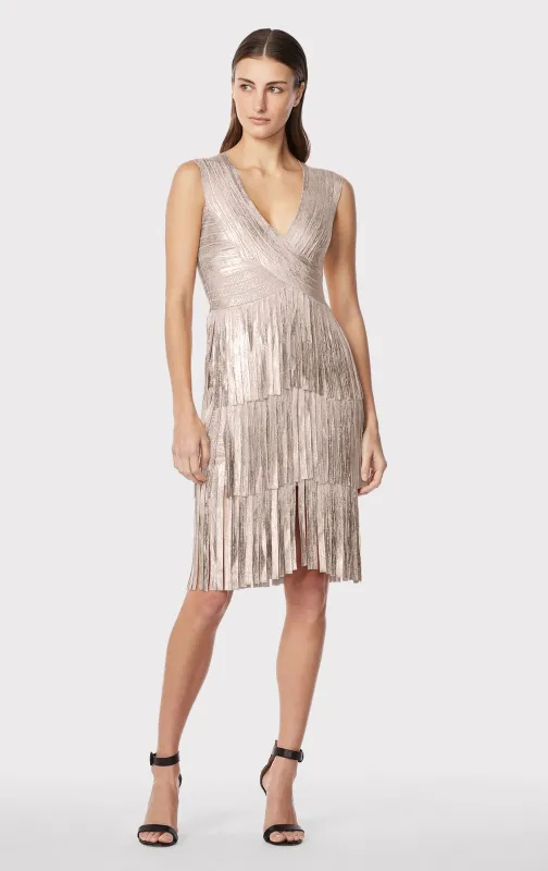 V NECK FOIL FRINGED MIDI DRESS sold by Herve Leger
