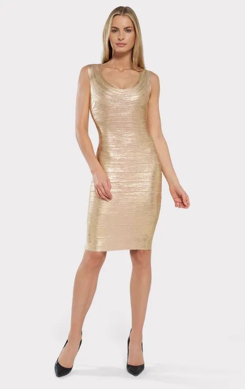scoop neck bandage foil dress sold by Herve Leger