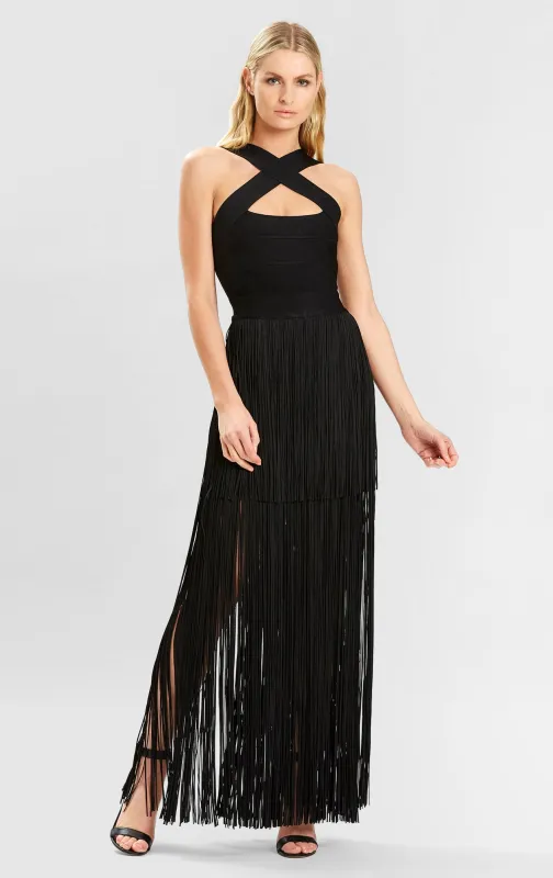 CROSS NECK FRINGE GOWN sold by Herve Leger
