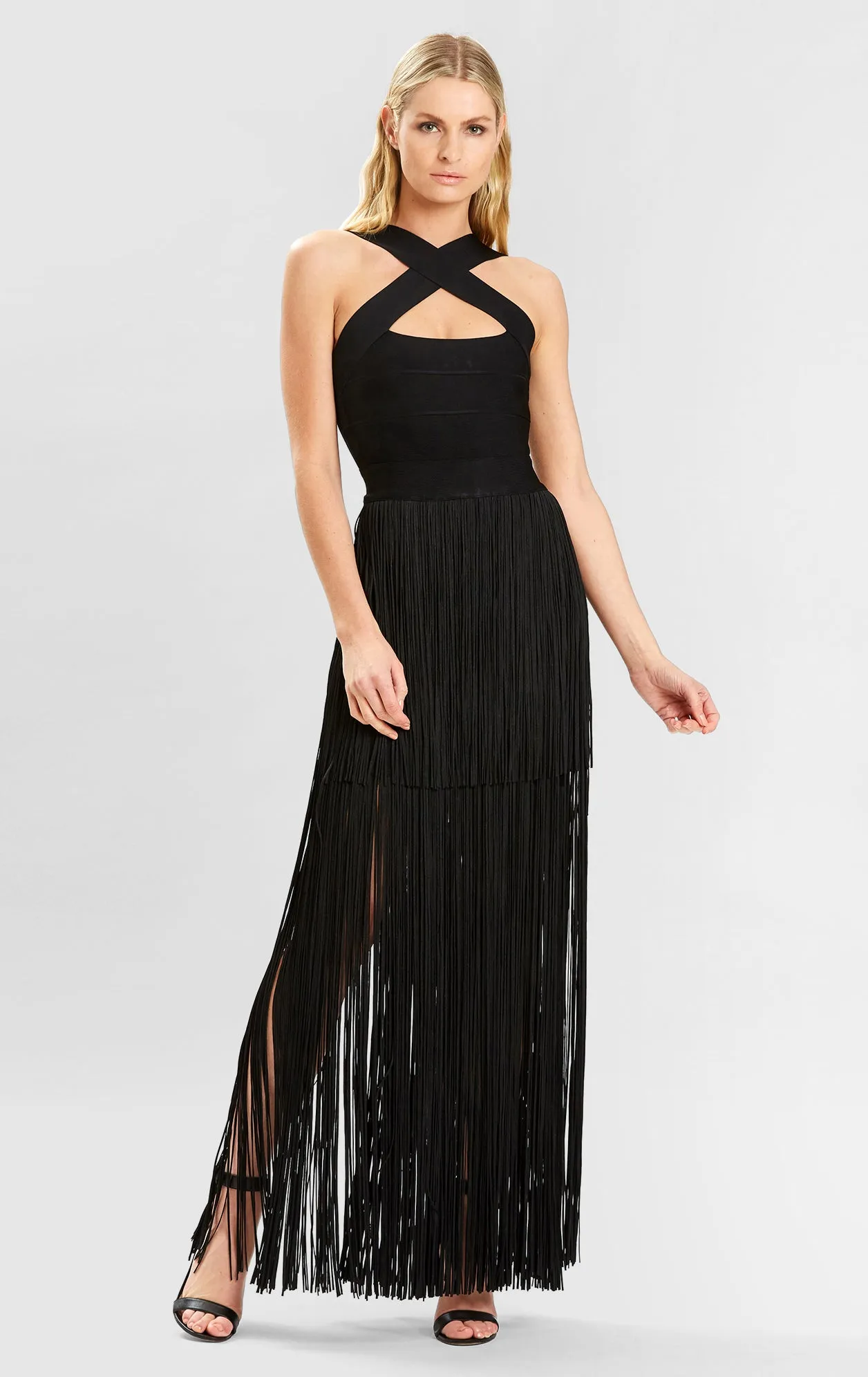 CROSS NECK FRINGE GOWN sold by Herve Leger