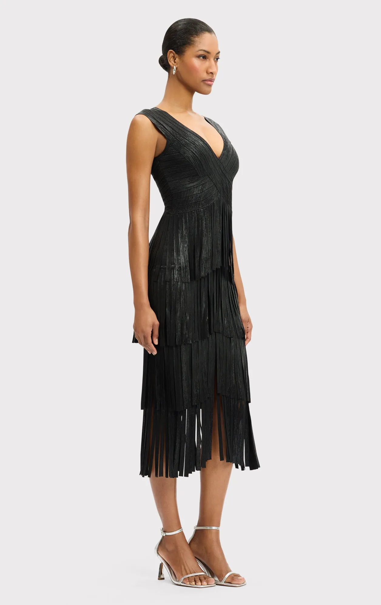 V NECK FOIL FRINGE MIDI DRESS sold by Herve Leger product image thumbnail 4