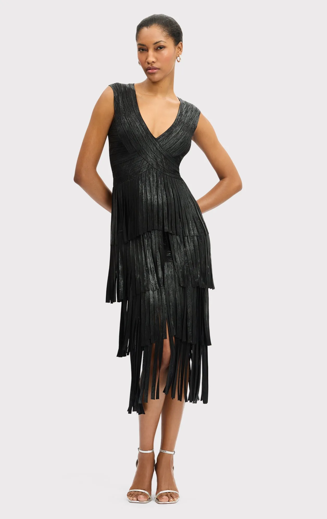V NECK FOIL FRINGE MIDI DRESS sold by Herve Leger