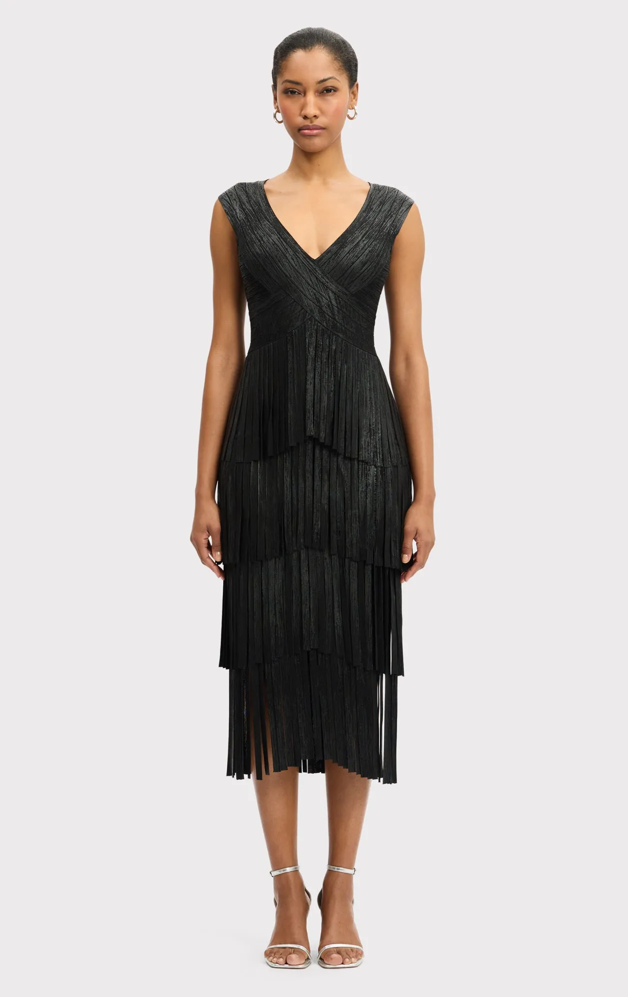 V NECK FOIL FRINGE MIDI DRESS sold by Herve Leger product image thumbnail 3