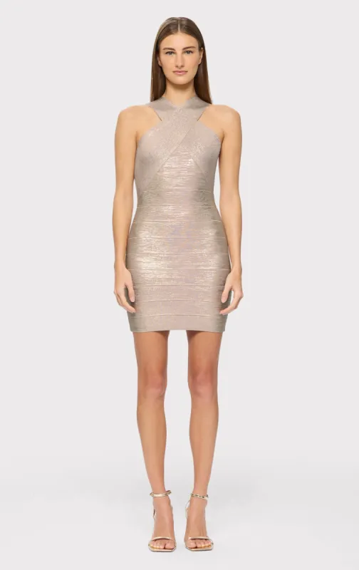 GLITTER FOIL HALTER MINI DRESS sold by Herve Leger