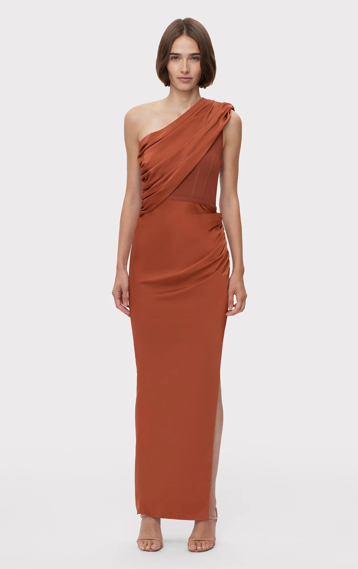 RUCHED WOVEN COMBO S/L GOWN sold by Herve Leger