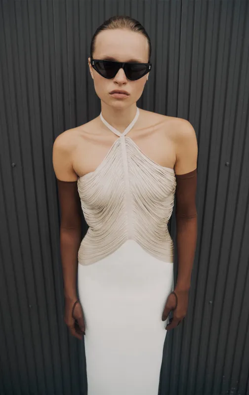 DRAPED HALTER FRINGE MIDI DRESS sold by Herve Leger