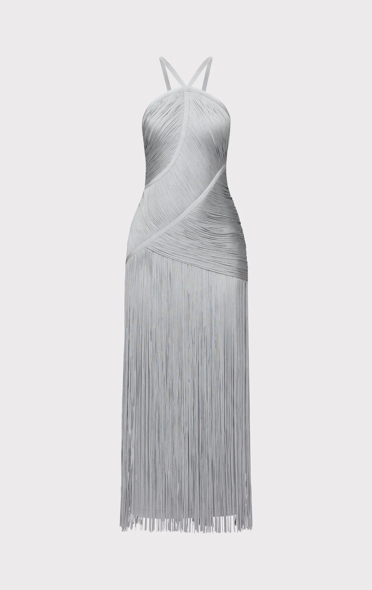 herve leger silver fringe dress Herve Leger Square-Neck Strappy Foiled Fringe Gown In Silver - 64% Off