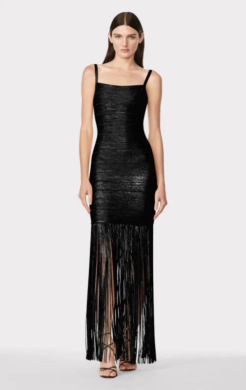 BANDED FOIL FRINGE GOWN sold by Herve Leger