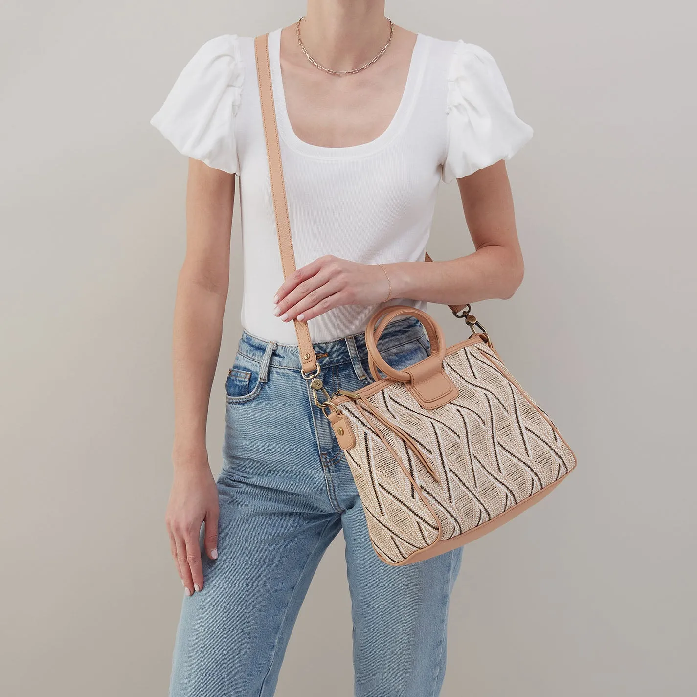 Sheila Medium Satchel In Multi Weave With Leather Trim - Cream Raffia sold by HOBO product image thumbnail 2