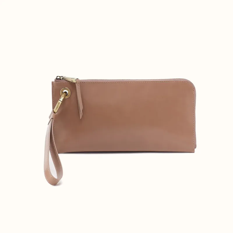 Jett Wristlet In Polished Leather - Woodsmoke made by HOBO
