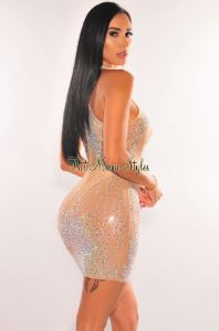 Nude Embellished Rhinestone Sheer Sleeveless Mini Dress sold by Hot Miami Styles