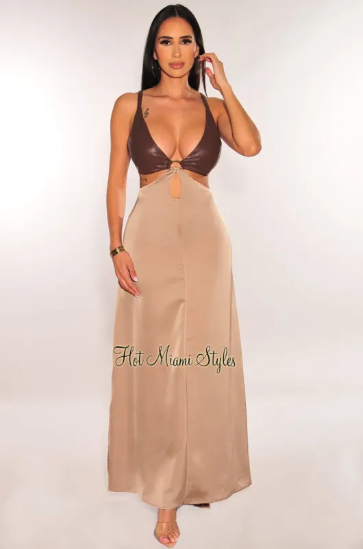Chocolate Faux Leather Latte Silk Sleeveless O-Ring Cut Out Maxi Dress sold by Hot Miami Styles