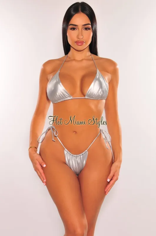 Silver Chrome Halter Tie Up Sides Thong Bikini Bottom sold by Hot Miami Styles