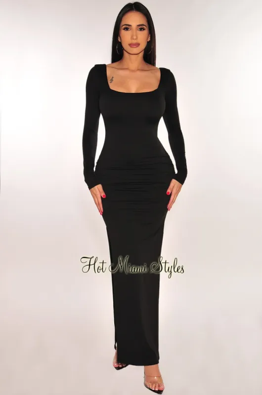 Black Long Sleeve Square Neck Ruched Double Slit Maxi Dress sold by Hot Miami Styles