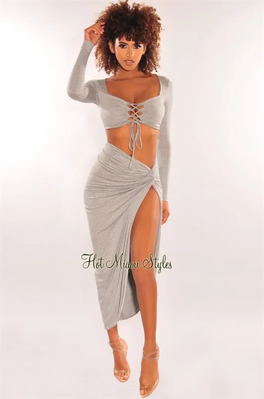 Light Gray Lace Up Knotted Slit Skirt Two Piece Set sold by Hot Miami Styles