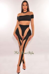 Black Nude Mock Neck Sheer Mesh Long Sleeve Jumpsuit sold by Hot Miami Styles