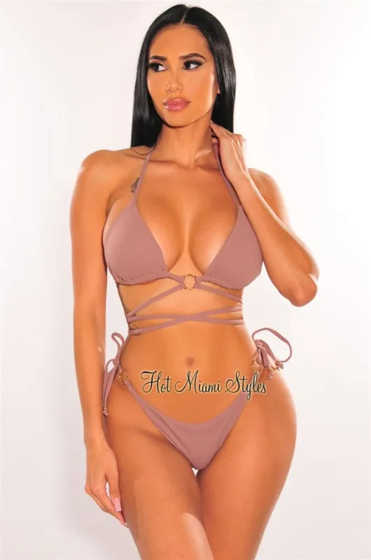 Mocha Ribbed Padded O-Ring Wrap Around Bikini sold by Hot Miami Styles