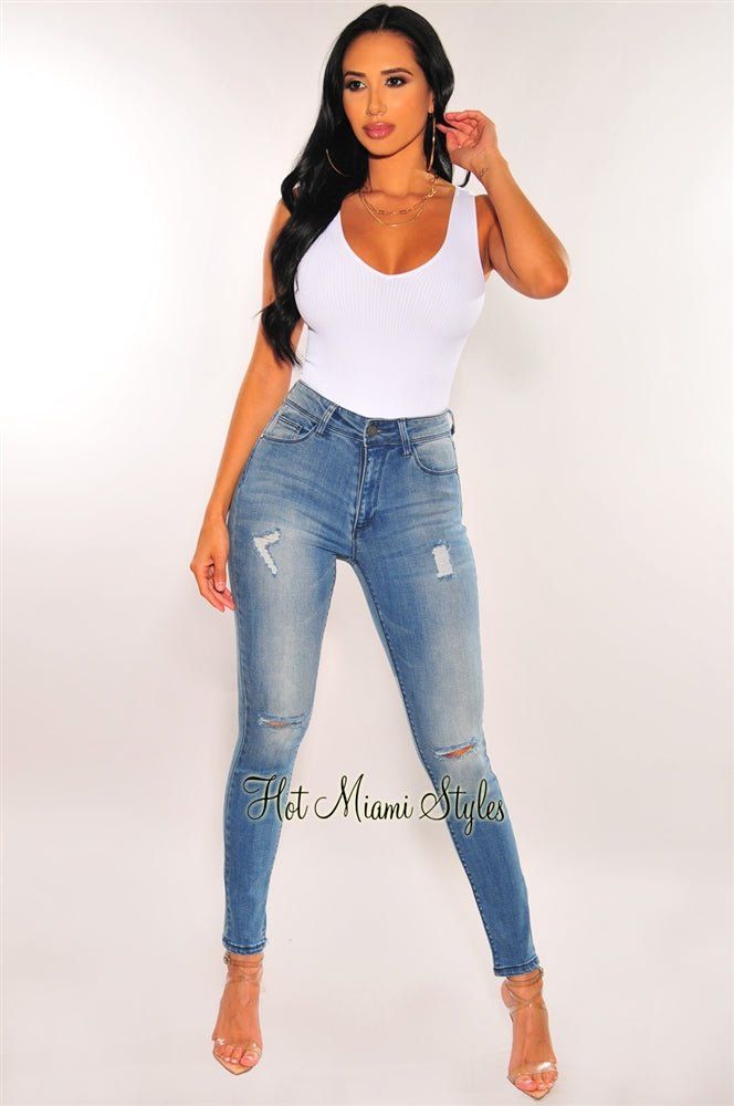 Blue Denim Distressed High Waist Skinny Jeans sold by Hot Miami Styles