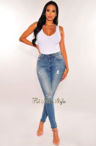 Blue Denim Distressed High Waist Skinny Jeans sold by Hot Miami Styles