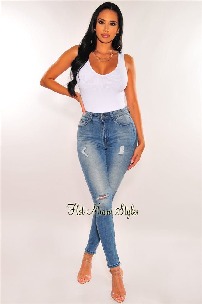 Blue Denim Distressed High Waist Skinny Jeans sold by Hot Miami Styles product image thumbnail 2