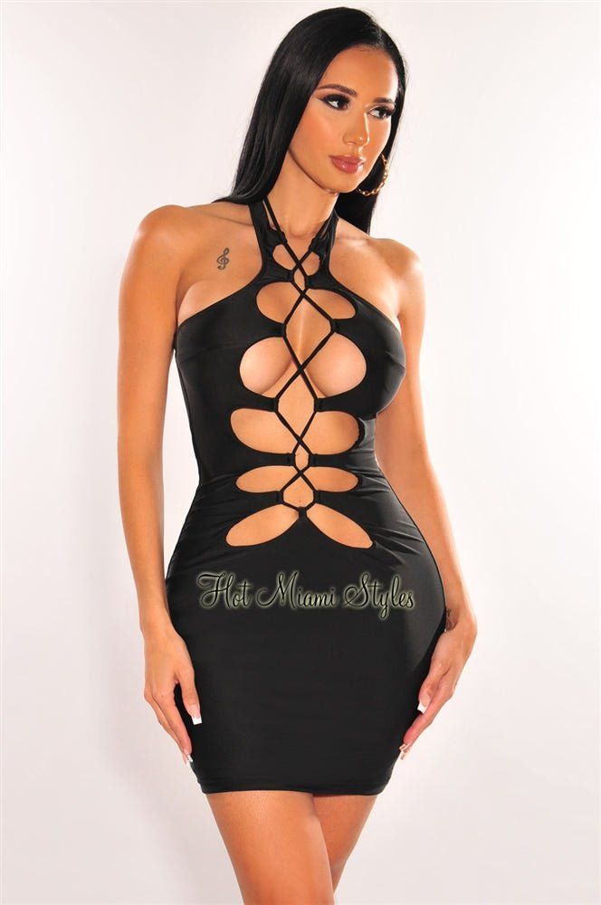 Black Halter Lace Up Mini Dress sold by Hot Miami Styles