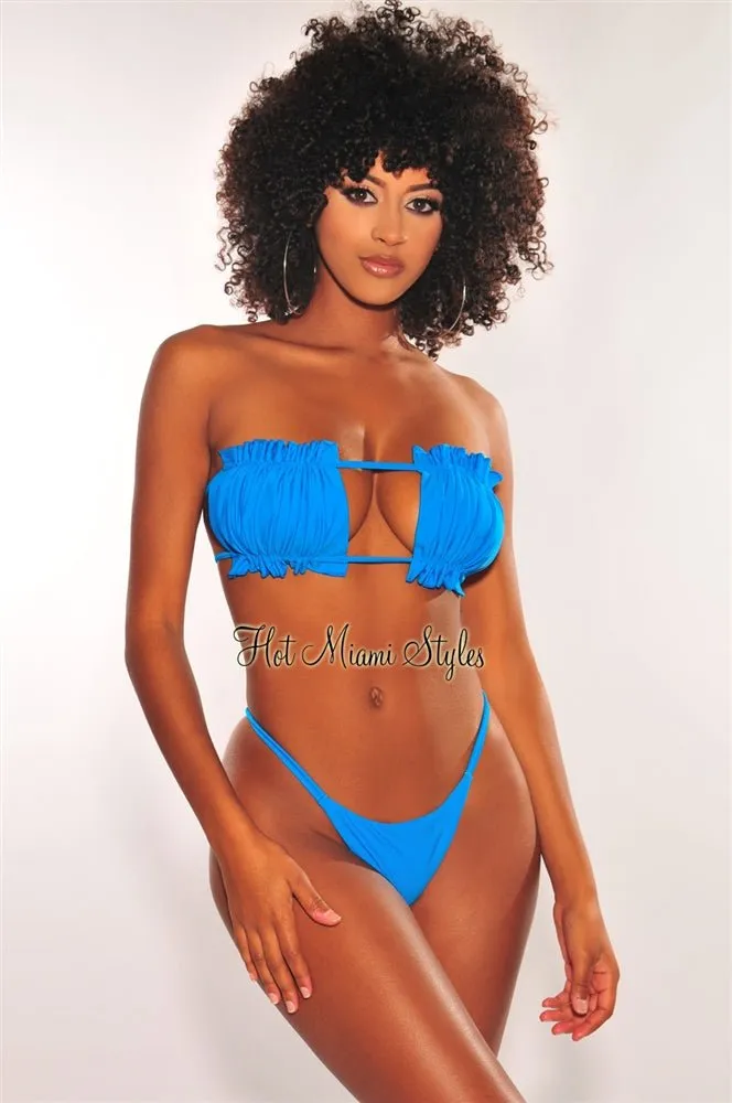 Turquoise Ruched Bust Frill Bandeau Scrunch Butt Bikini sold by Hot Miami Styles product image thumbnail 2