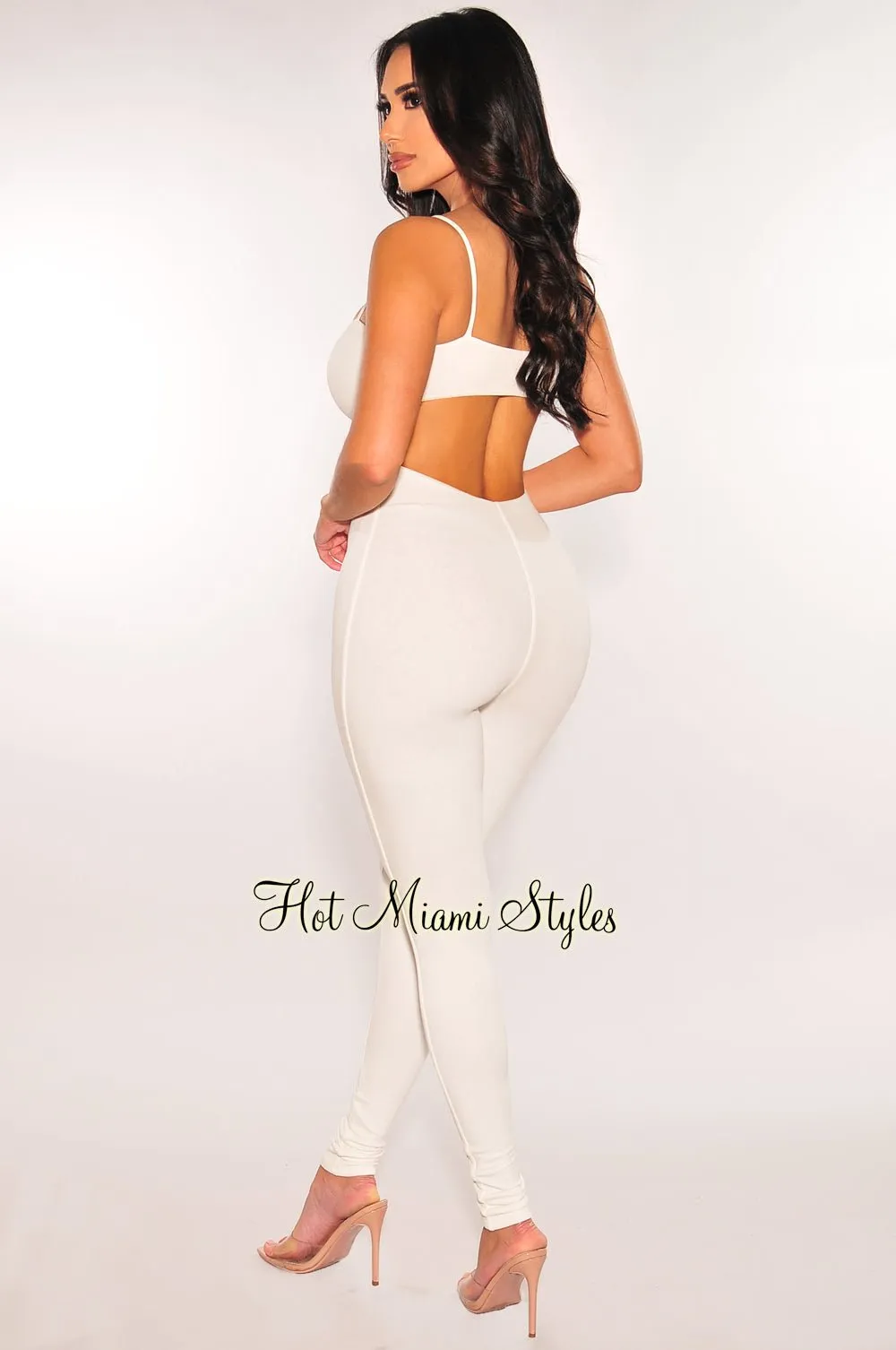 White Spaghetti Straps Cut Out Back Jumpsuit sold by Hot Miami Styles product image thumbnail 2