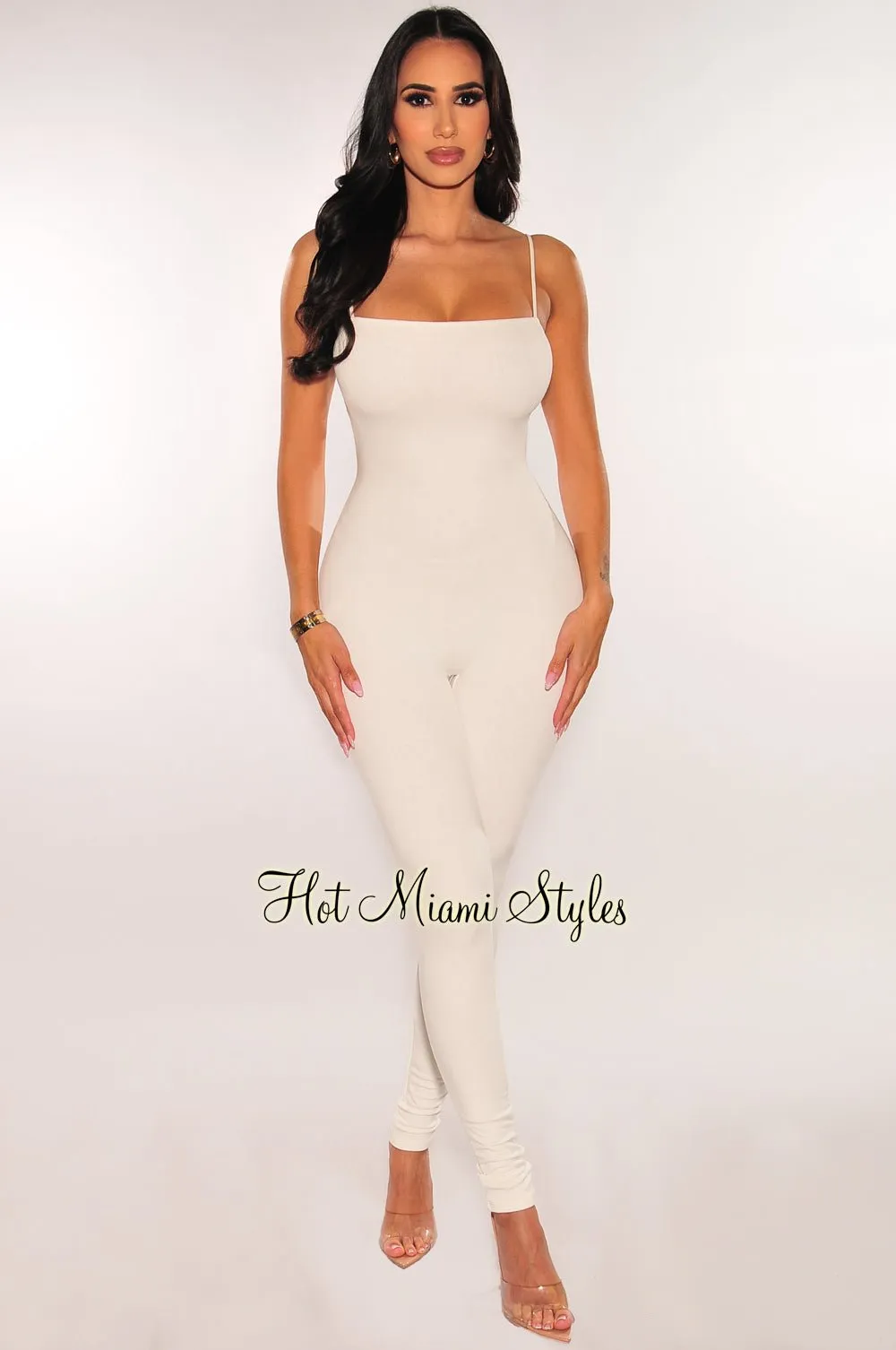 White Spaghetti Straps Cut Out Back Jumpsuit sold by Hot Miami Styles
