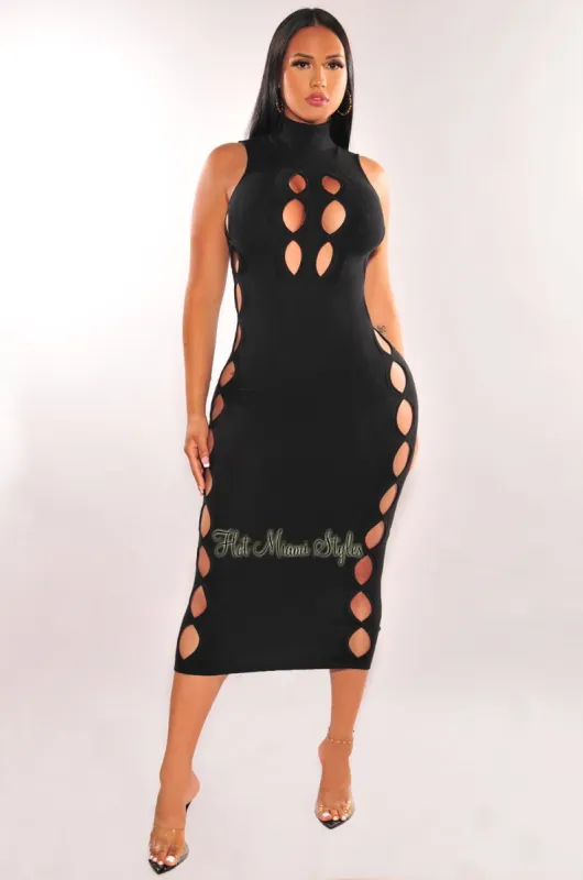 Black Turtle Neck Ribbed Knit Sleeveless Cut Out Midi Dress sold by Hot Miami Styles
