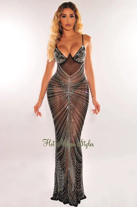 Black Mesh Rhinestone Underwire Mermaid Gown sold by Hot Miami Styles