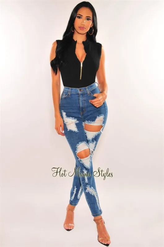 Denim Destroyed High Waist Straight Leg Jeans sold by Hot Miami Styles