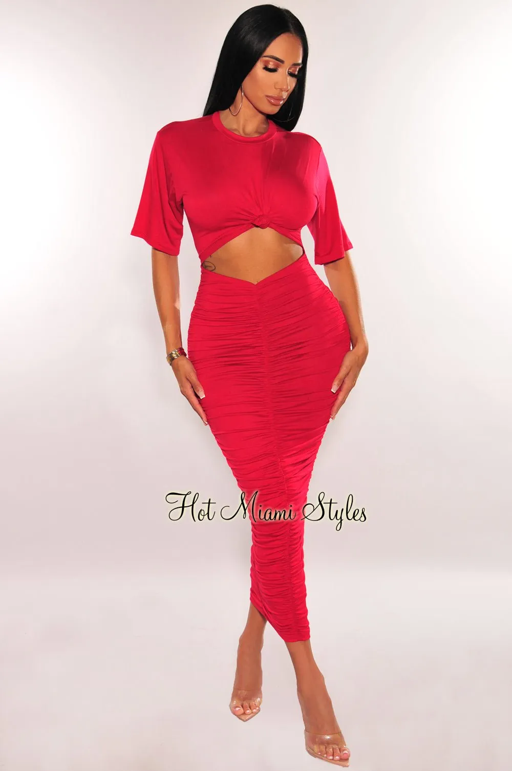 Red Short Sleeve Cut Out Ruched Maxi Dress sold by Hot Miami Styles