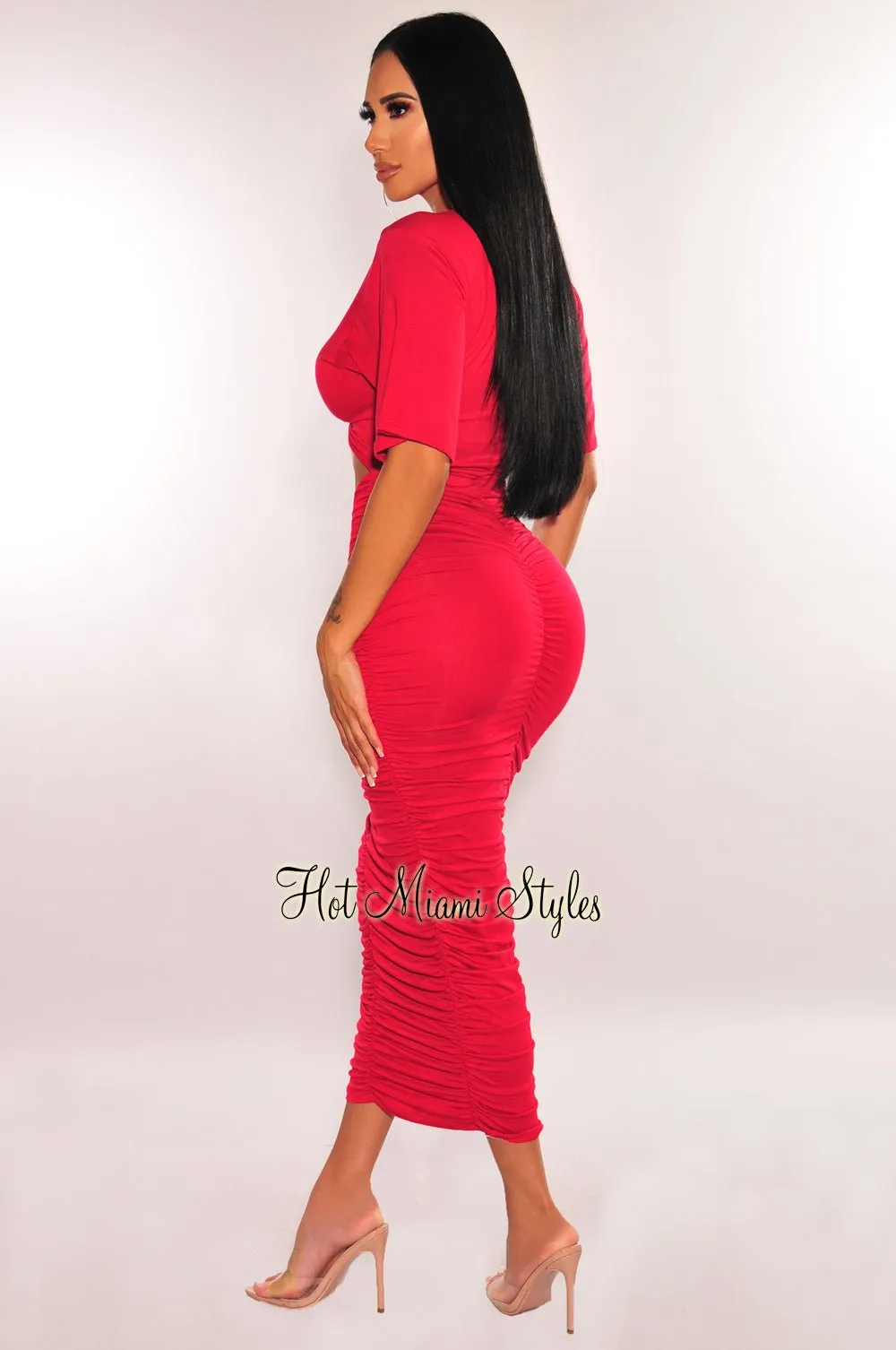 Red Short Sleeve Cut Out Ruched Maxi Dress sold by Hot Miami Styles product image thumbnail 2
