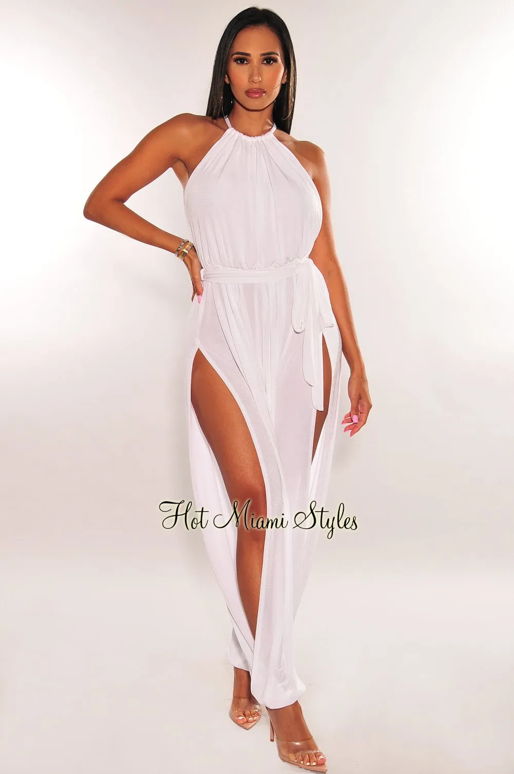 White Slit Hem Belted Harem Jumpsuit sold by Hot Miami Styles product image thumbnail 2