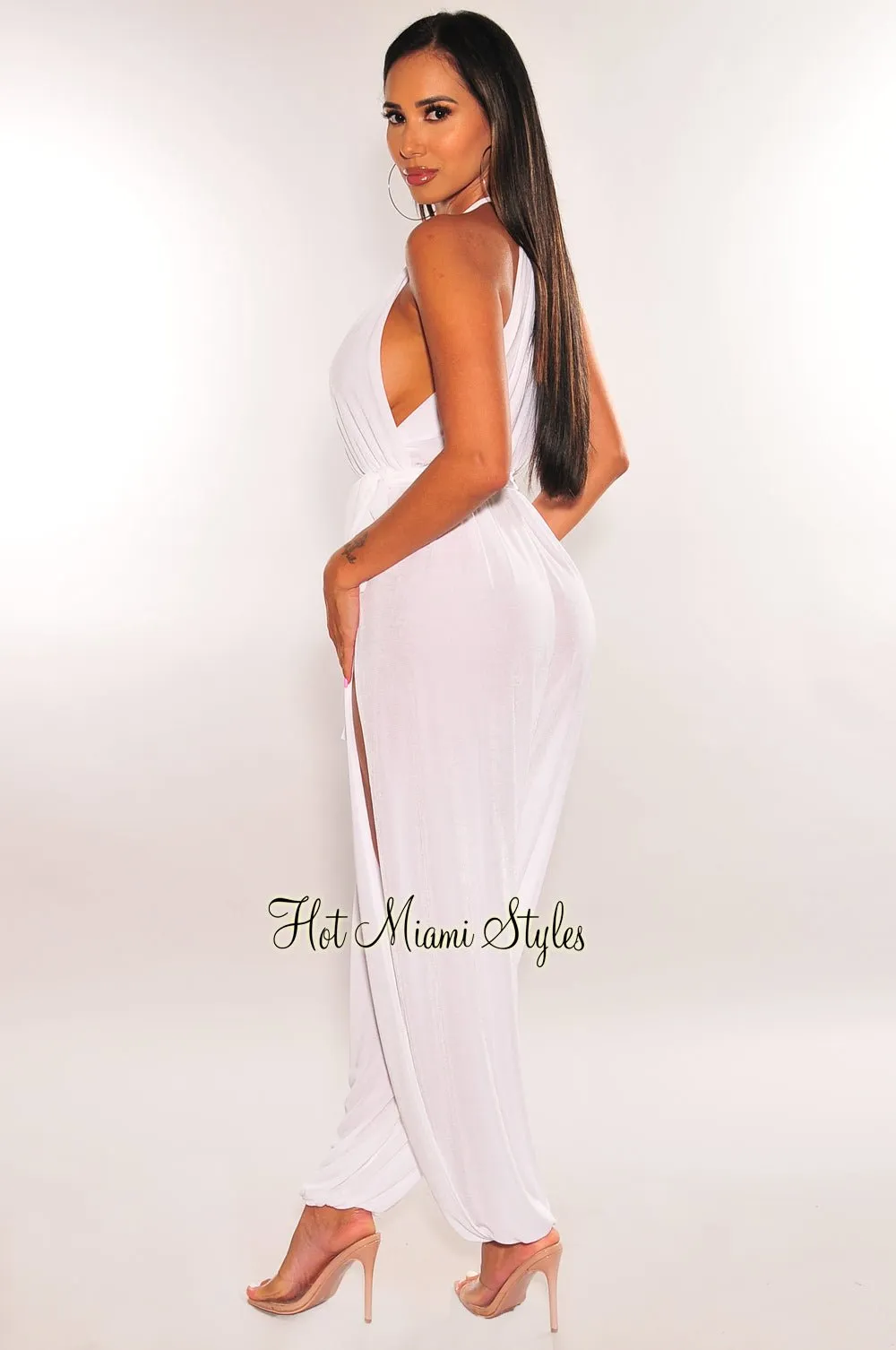 White Slit Hem Belted Harem Jumpsuit sold by Hot Miami Styles product image thumbnail 3