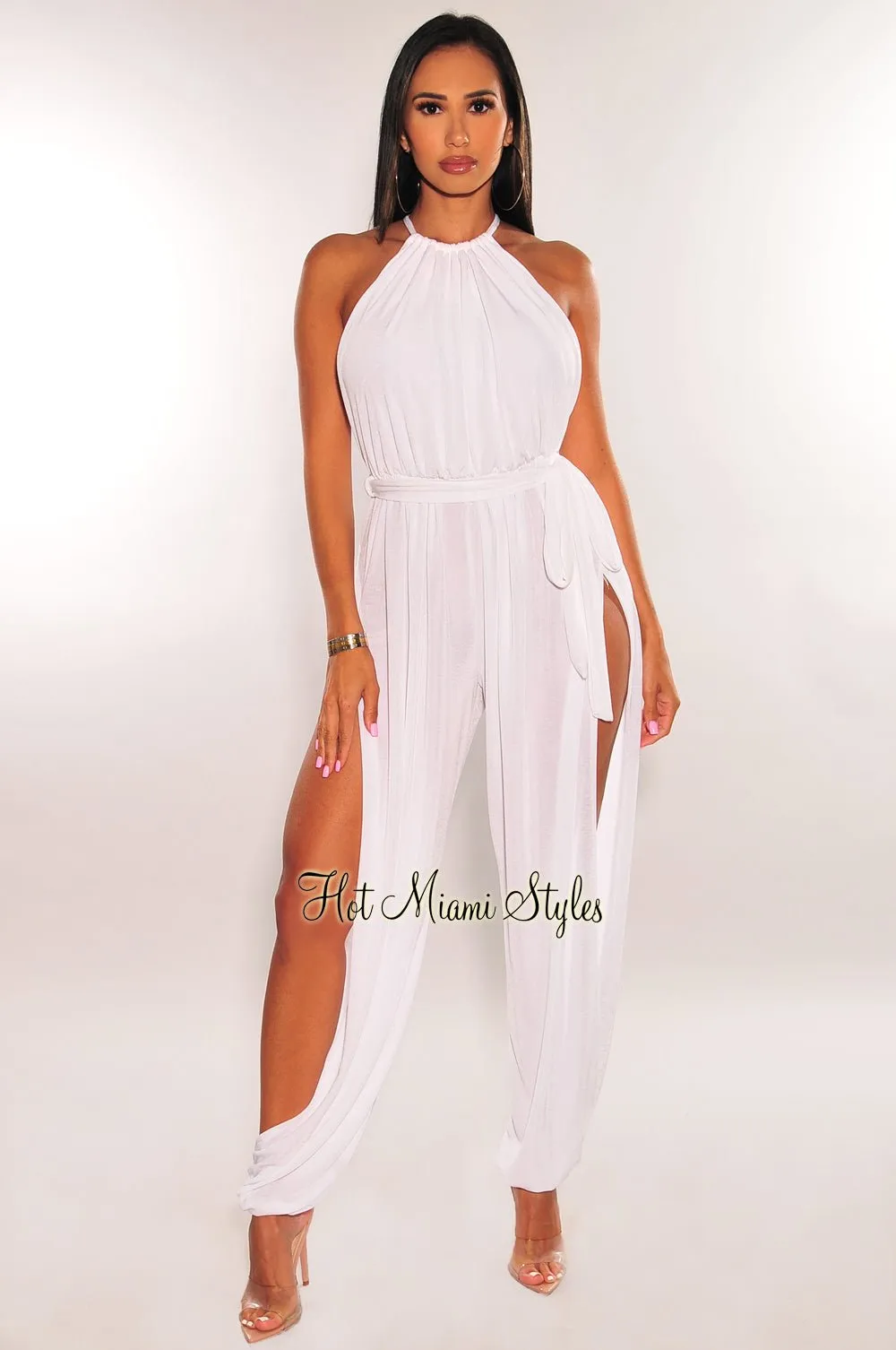 White Slit Hem Belted Harem Jumpsuit sold by Hot Miami Styles