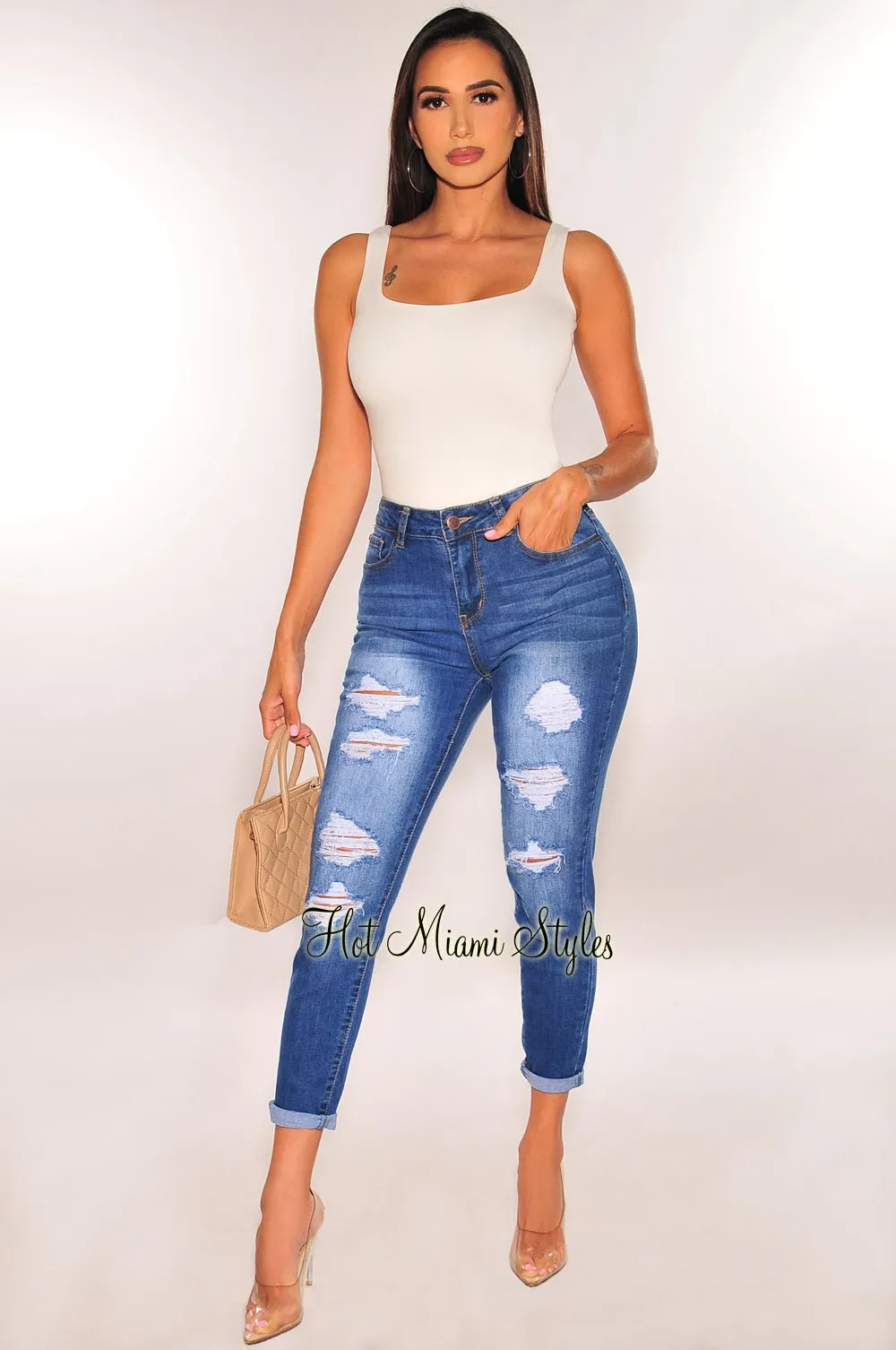 Blue Denim Wash High Waisted Ripped Skinny Jeans sold by Hot Miami Styles