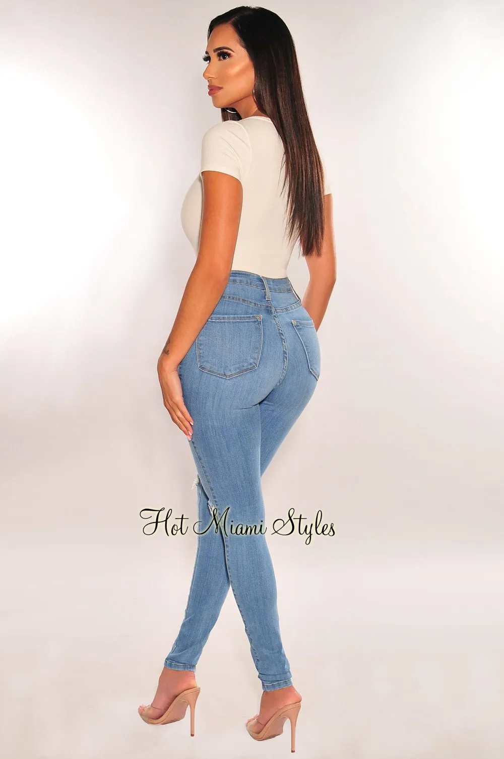 White Ribbed Round Neck Short Sleeve Thong Bodysuit sold by Hot Miami Styles product image thumbnail 4