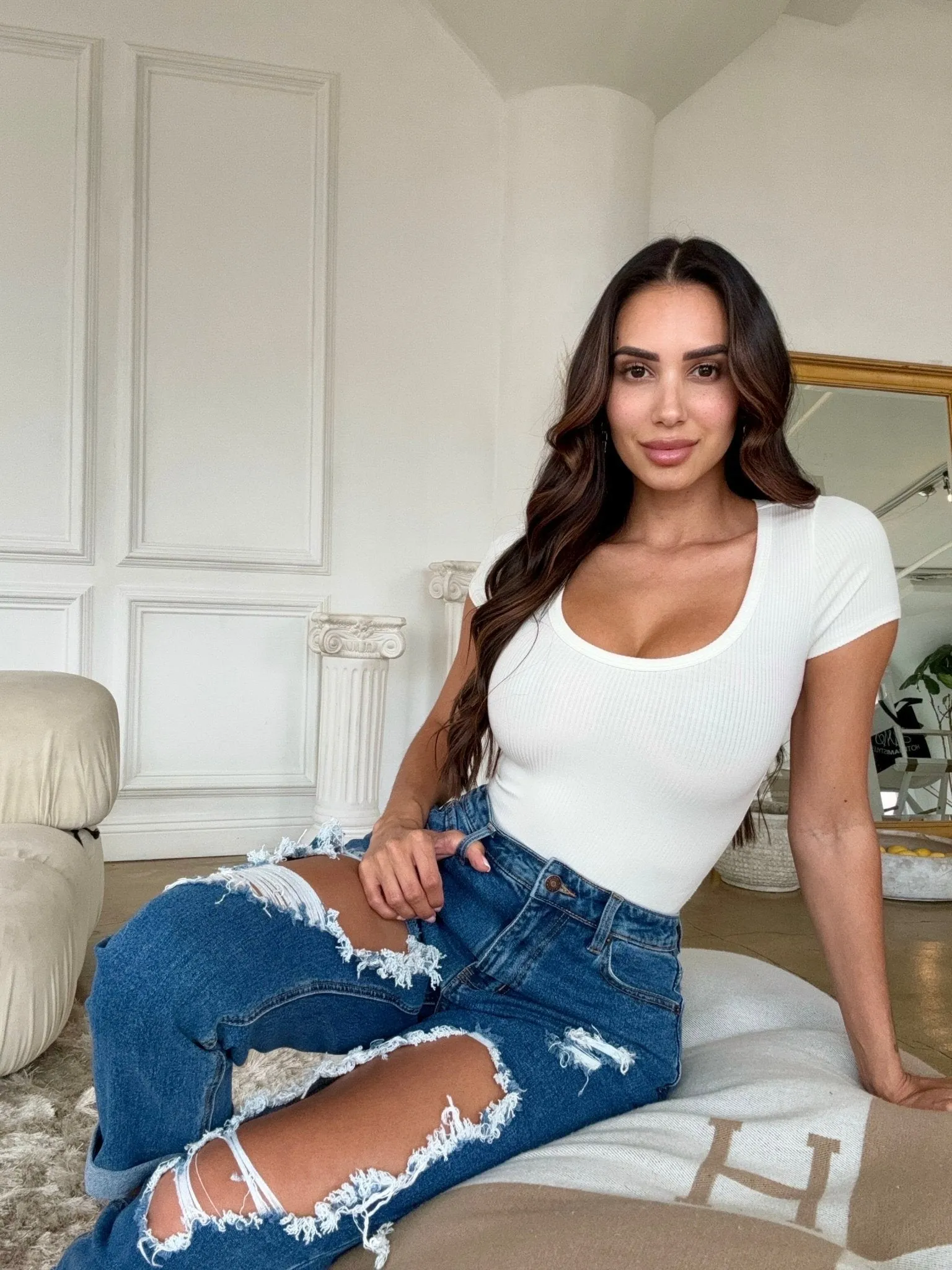 White Ribbed Round Neck Short Sleeve Thong Bodysuit sold by Hot Miami Styles product image thumbnail 5