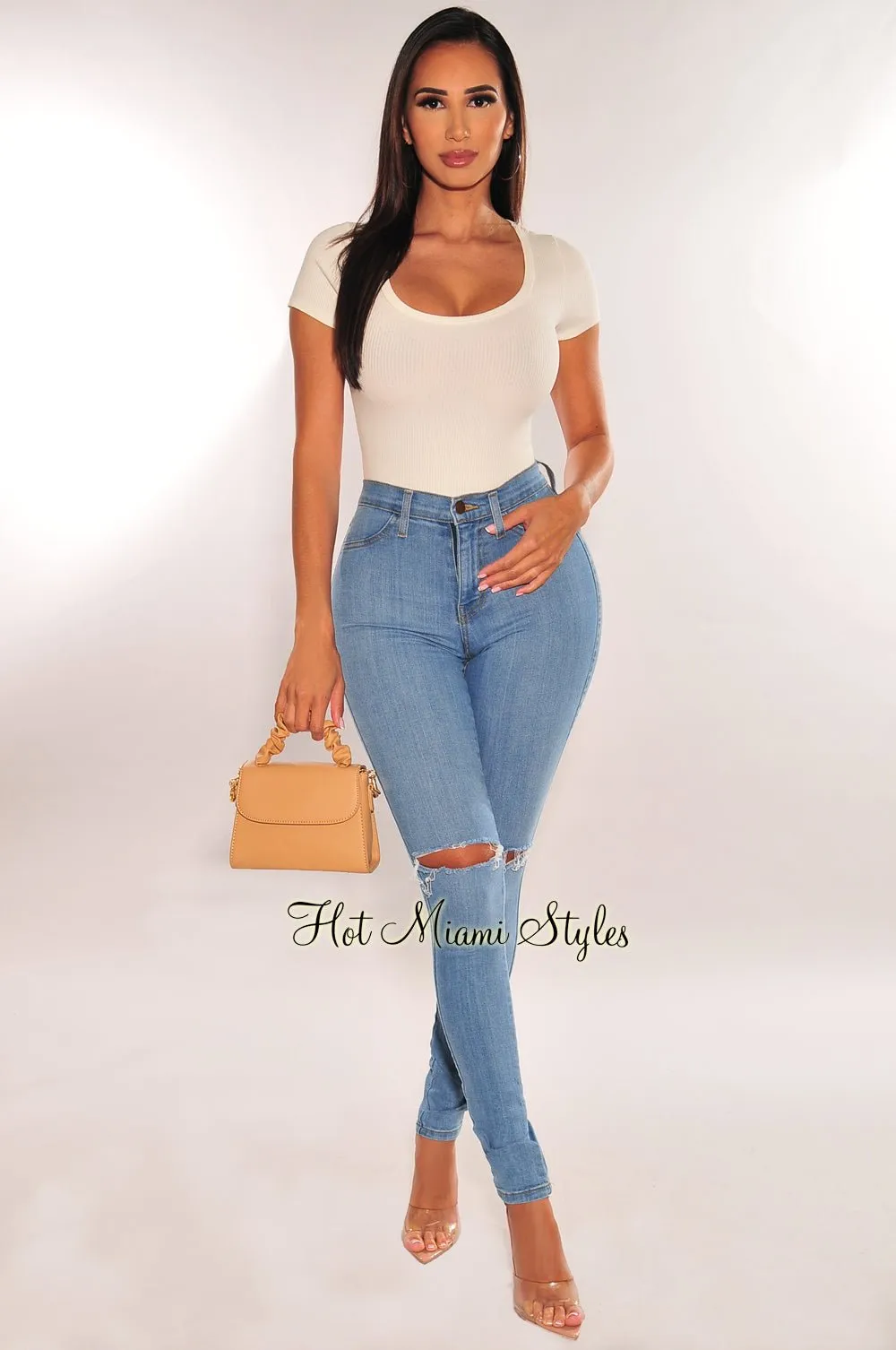 White Ribbed Round Neck Short Sleeve Thong Bodysuit sold by Hot Miami Styles product image thumbnail 3