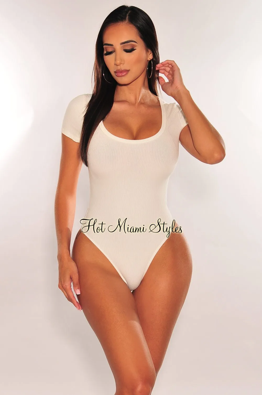 White Ribbed Round Neck Short Sleeve Thong Bodysuit sold by Hot Miami Styles