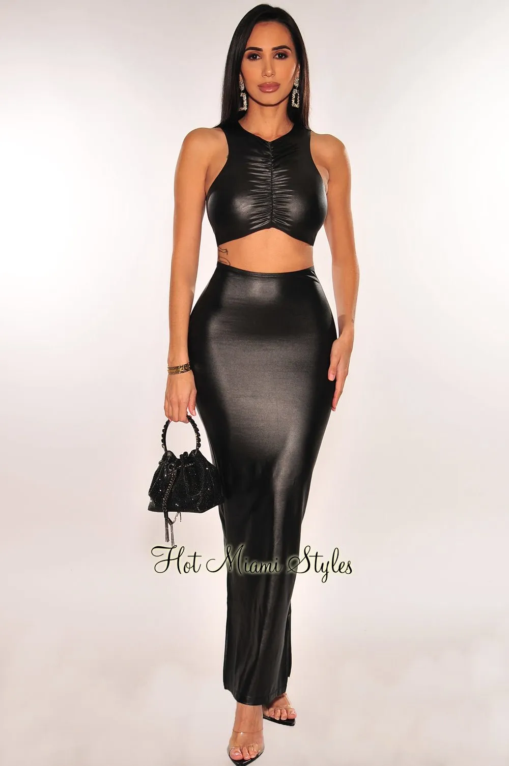 Black Faux Leather Ruched Sleeveless Double Slit Skirt Two Piece Set sold by Hot Miami Styles