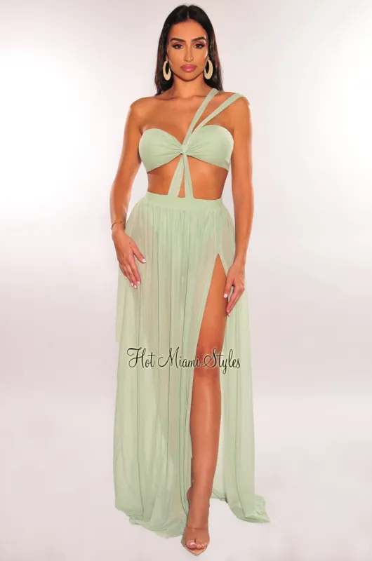 Sage One Shoulder Cut Out Strappy Slit Maxi Dress sold by Hot Miami Styles