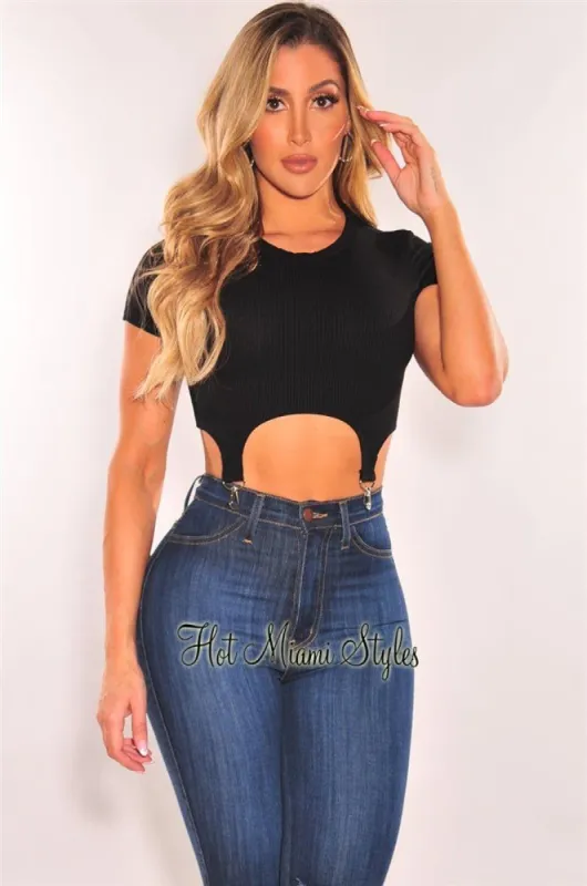 Black Ribbed Short Sleeve Suspender Hem Crop Top sold by Hot Miami Styles